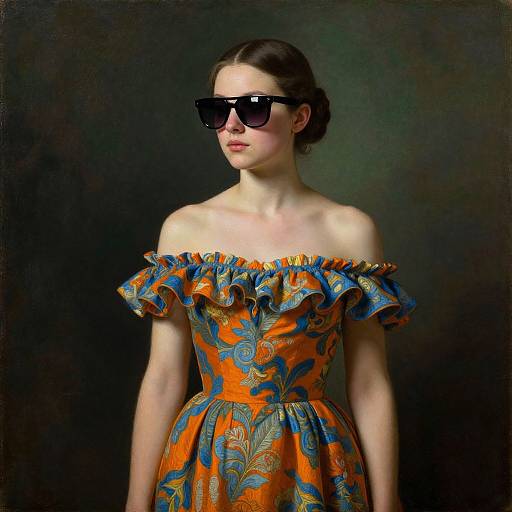 Photograph of a fair-skinned woman with brown hair in an updo, wearing black sunglasses, an off-shoulder orange and blue floral dress