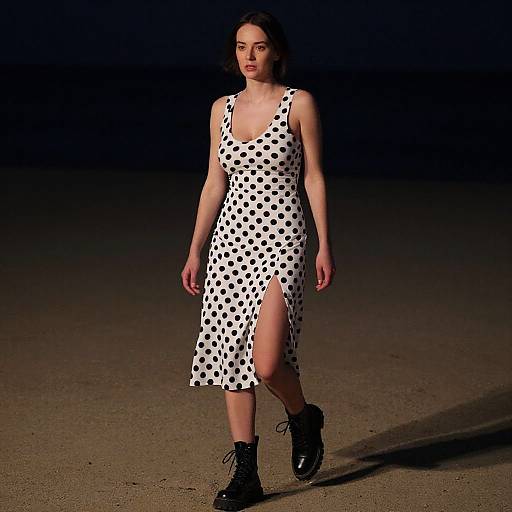 Photograph of a fair-skinned woman with dark hair wearing a white polka dot dress with a side slit, black boots, walking on a dark