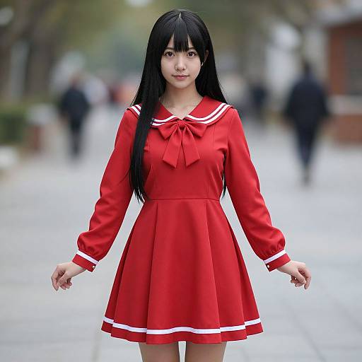Photograph of an Asian woman with long black hair, wearing a bright red, sailor-style dress with white trim, standing on a blurred urban street.