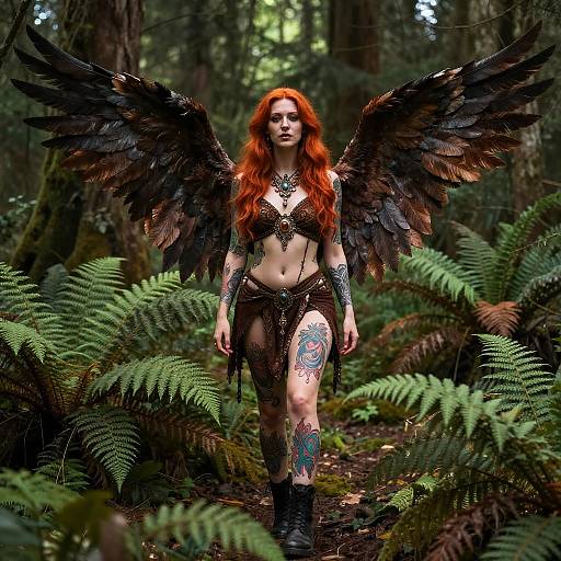 Photograph of a red-haired woman with black feathered wings, tribal tattoos, and forest attire, standing in a lush, fern-filled forest.