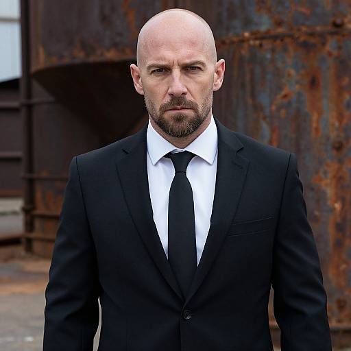 Photograph of a bald, bearded man in a black suit with a white shirt and black tie, standing against a rusty metal background. Serious expression