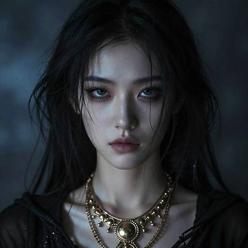 Photograph-style digital artwork of a pale, melancholic Asian woman with long black hair, blue eyes, and gold necklace, set against a dark,