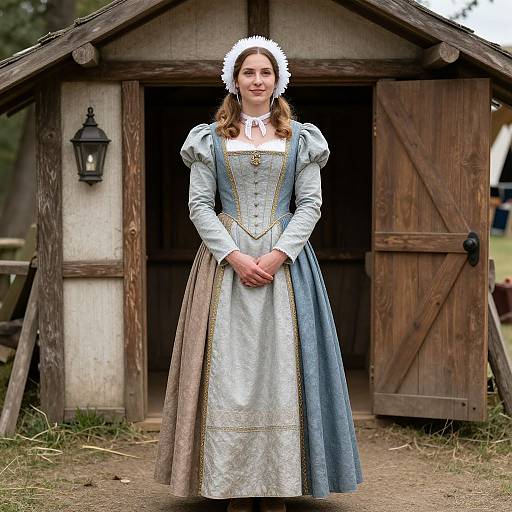 Photograph of a young woman in a blue and beige 18th-century-style dress with puffed sleeves, white lace cap, standing in front of