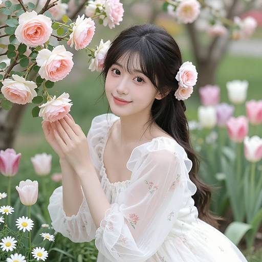 Young Asian woman with long black hair, wearing a white floral dress, smiling while holding pink roses in a blooming garden.