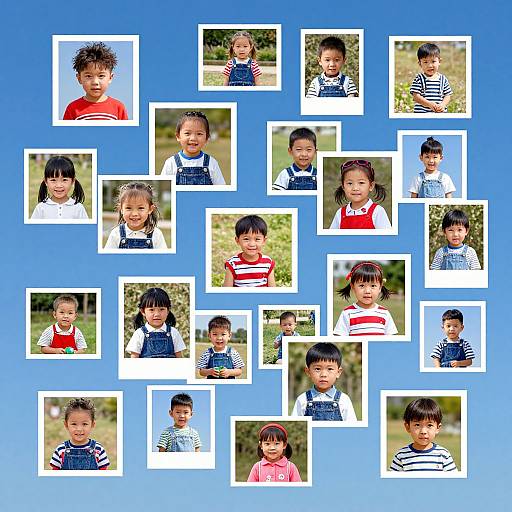 Photograph of a collage of 17 young Asian children, each wearing different colorful clothes, against a blue gradient background.
