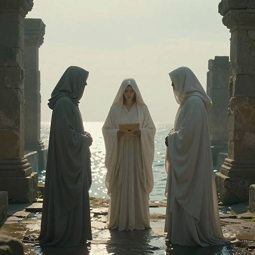 Photograph of three robed figures in a sunlit, ruined archway by the sea; central figure in white holds a book, two flanking