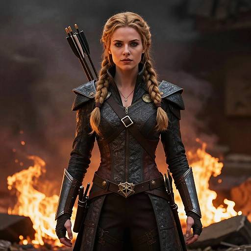Photorealistic image of a blonde woman with braided hair in medieval-style black armor, standing before a blazing fire, quiver of arrows on her