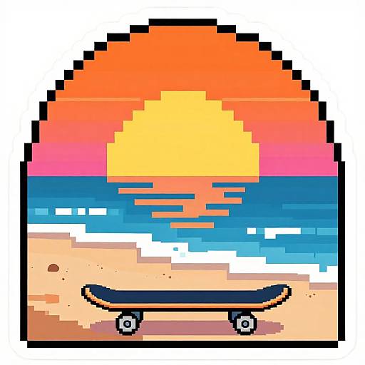 Pixel art of a smiling face with a skateboard, sunset background, orange sun, blue ocean, and white clouds. Retro 8-bit style.