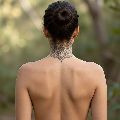 Photograph of a topless woman with dark hair in a bun, intricate neck tattoo, standing with her back to the camera in a sunlit forest