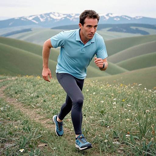 Photograph of a fit, Caucasian man with short brown hair, wearing a light blue polo, black leggings, and blue running shoes, jogging on a