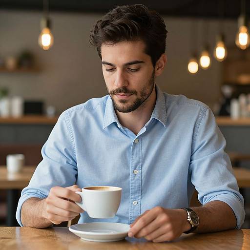 Photograph of a bearded man with dark hair, wearing a light blue button-up shirt, holding a white coffee cup on a saucer, sitting