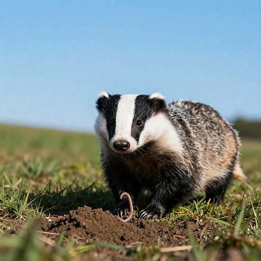 Red-Eyed Badger Digging in Grass