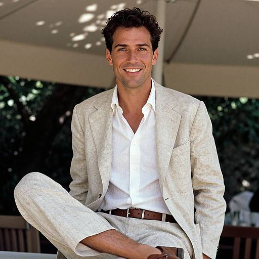 Photograph of smiling, dark-haired man in light beige suit, white shirt, brown belt, sitting outdoors under a shaded canopy.