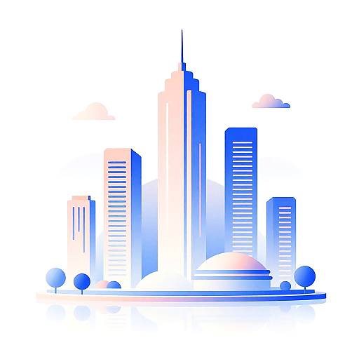 Digital illustration of a modern cityscape featuring blue and white skyscrapers with various heights, topped by a pink-tinted dome. Small blue trees