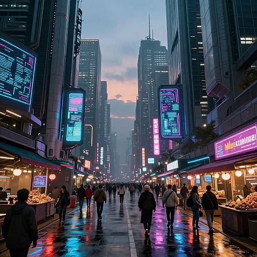 Photograph of a neon-lit, rainy urban street at dusk, with people walking between brightly lit buildings, vibrant signage, and reflective wet pavement.