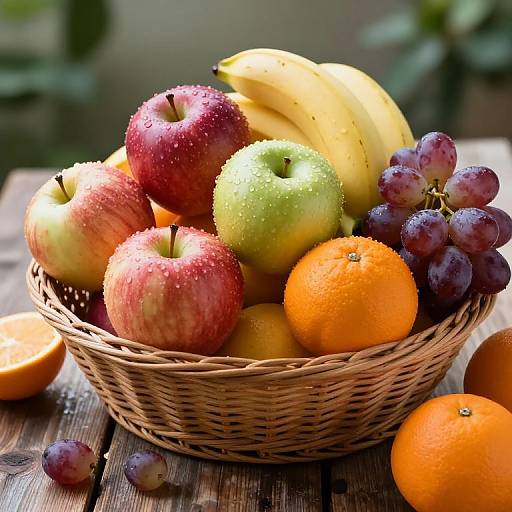 Photograph of a woven basket filled with red and green apples, bananas, oranges, and purple grapes, with some scattered on a wooden table.