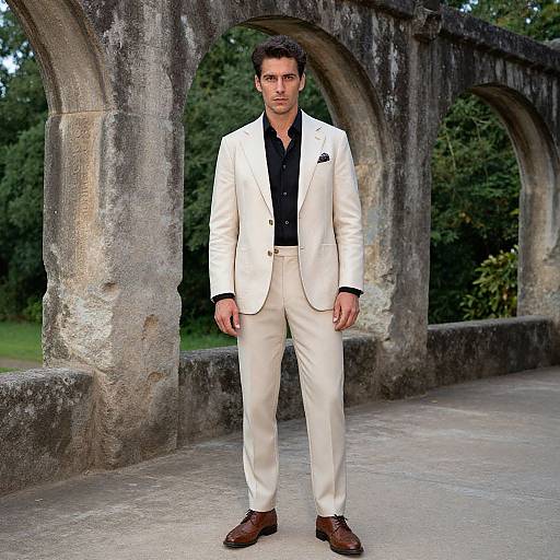 Photograph of a handsome man in a white suit, black shirt, brown shoes, standing under an old stone archway with lush greenery in the