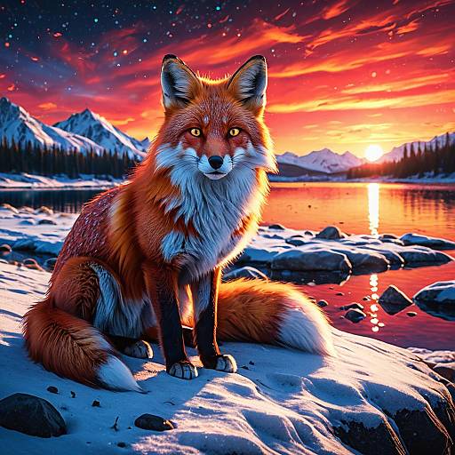 Crimson Fox at Sunrise by Lake