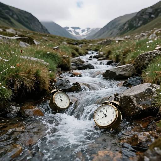 Photograph of two vintage clocks with stopped hands submerged in a flowing mountain stream, surrounded by rocky terrain and green grass.