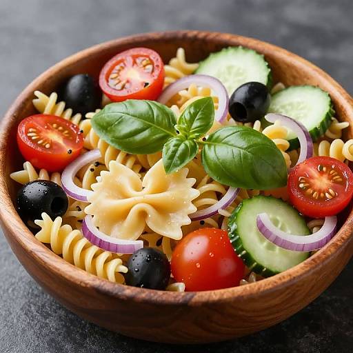 Photograph of a wooden bowl filled with colorful pasta salad: rotini pasta, cherry tomatoes, black olives, cucumber slices, red onion, basil