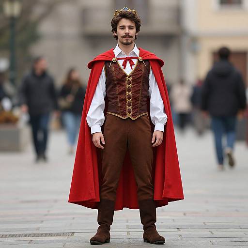 Photograph of a bearded man with brown hair, wearing a red cape, brown vest, white shirt, red ribbon, and brown pants, standing