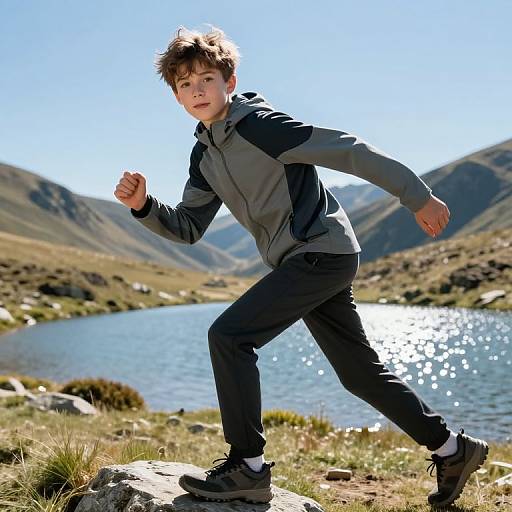 Photograph of a young boy with brown hair, wearing a gray and black jacket, black pants, and gray shoes, running near a sparkling mountain lake