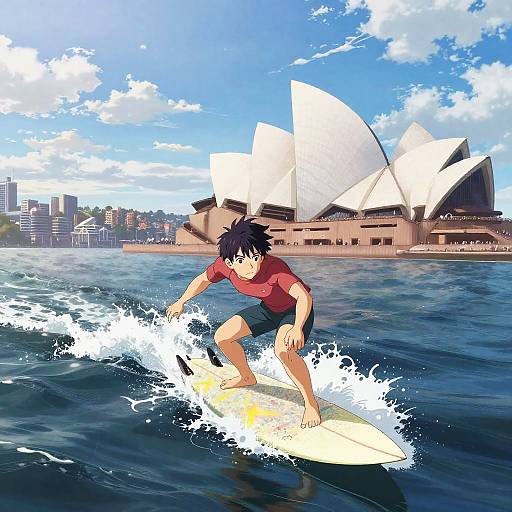Digital anime-style drawing of a teenage boy surfing in front of Sydney's Opera House, wearing a red shirt and blue shorts.