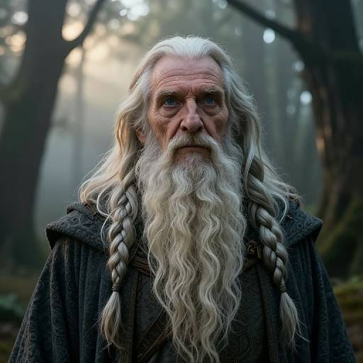 Photograph of an elderly man with long, braided white beard, intense expression, wearing a dark, textured cloak in a misty forest.