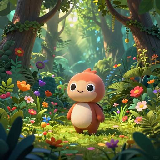 Whimsical digital art of a cute, round, orange and white creature with big eyes standing in a vibrant, sunlit forest filled with colorful flowers