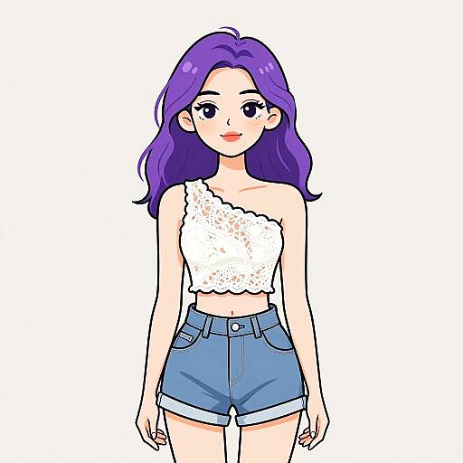 Digital anime-style drawing of a young woman with purple hair, wearing a white lace crop top and blue high-waisted shorts.