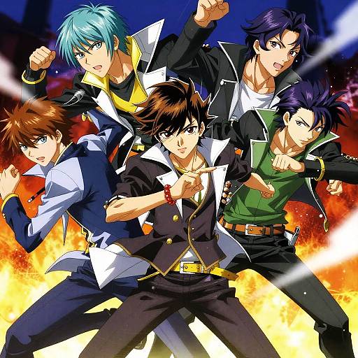 Digital anime artwork of five dynamic, fighting male characters with varied hairstyles and outfits, set against a fiery, explosive background.