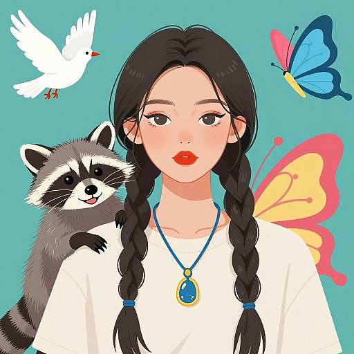 Calm Woman with Raccoon and Butterflies