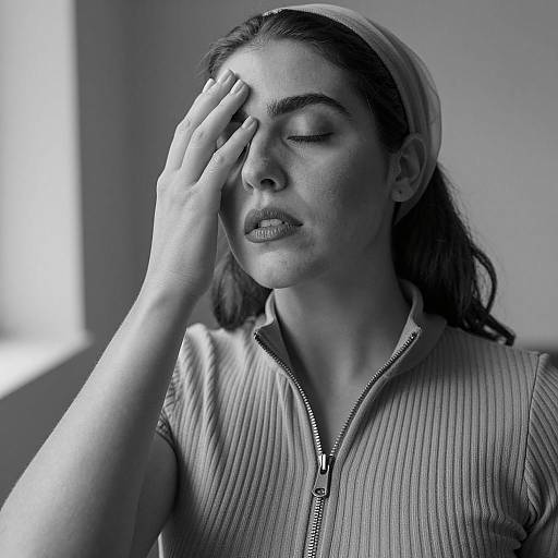 Black and White Portrait of Woman with Hand on Forehead