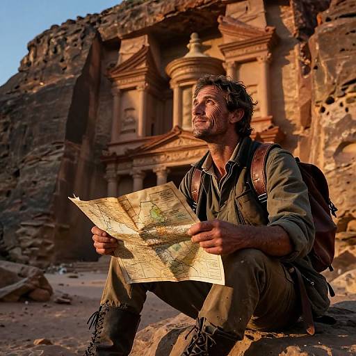 Photograph of a rugged, bearded man with dark hair, wearing a green shirt and backpack, sitting on rocks, studying a map against a backdrop