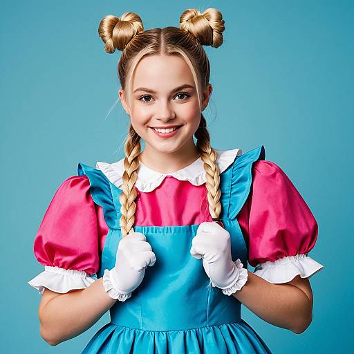 Blonde Girl in Colorful Costume with Double Buns
