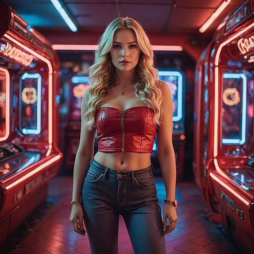 Blonde Woman in Red Leather Tube Top at Neon Arcade