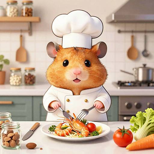 Cartoon Hamster Chef Preparing Seafood