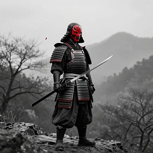 Samurai warrior in full armor with red mask, standing on rocky mountain, holding katana, misty forest background, grayscale with red accents.