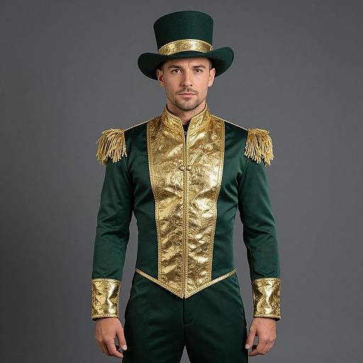 Photograph of a man in a black top hat and formal black jacket with gold epaulettes, cuffs, and ornate detailing, standing against