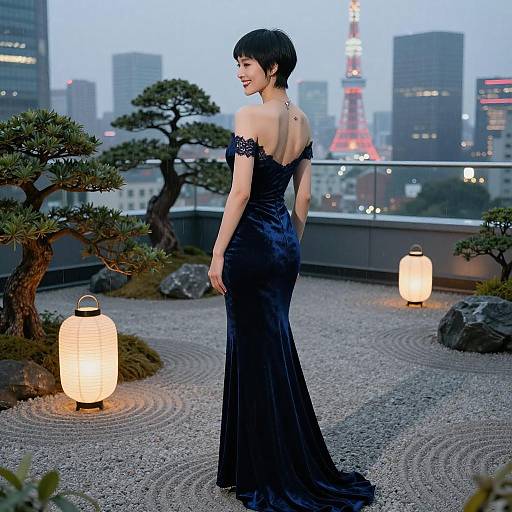 Elegant East Asian Woman in Zen Garden