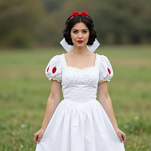 Photograph of a fair-skinned woman with dark curly hair, wearing a white Snow White costume with red accents, red bow, and white collar,