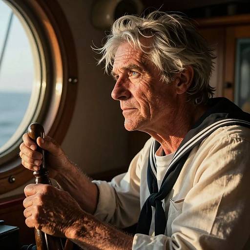 Photograph of an elderly man with white, tousled hair, wearing a white sailor shirt and black neckerchief, gripping a ship's wheel in