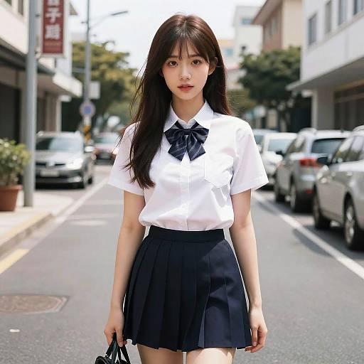 Photograph of an Asian woman with long black hair, wearing a white blouse with a black bow, and a black pleated skirt, standing on a