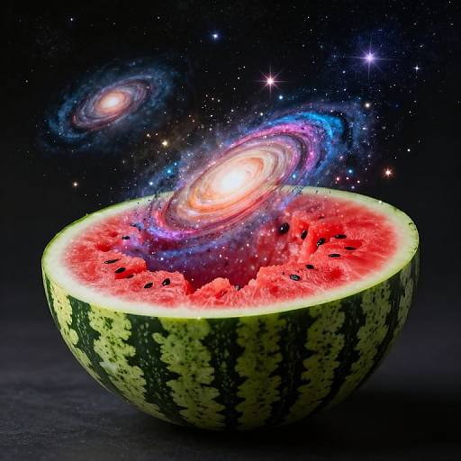 Photograph of a watermelon cut in half, revealing bright red, juicy interior, with colorful galaxies and stars in the dark space background.