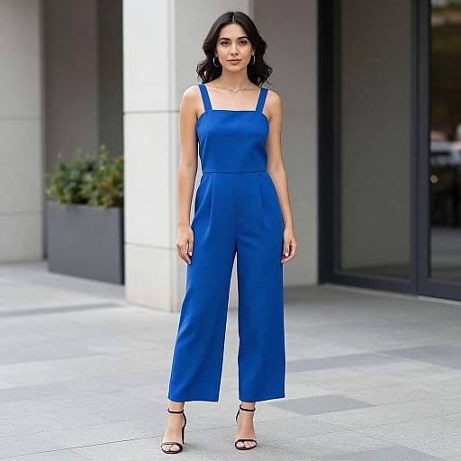 Photograph of a young woman with medium brown skin, wavy black hair, wearing a royal blue romper and black heels, standing on a city