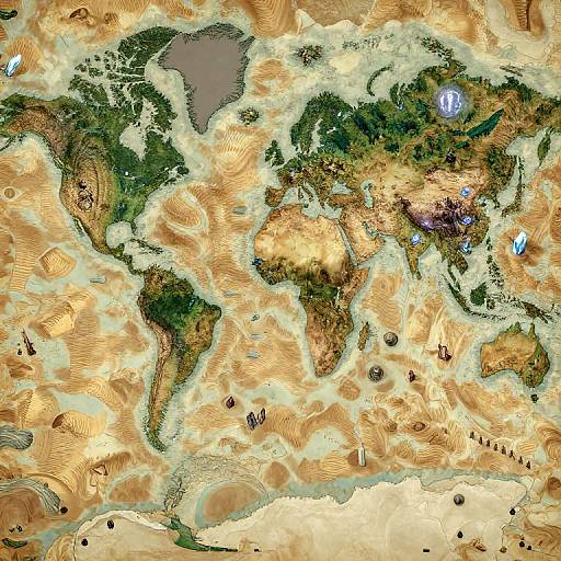 Color-enhanced topographic map of Earth's surface, highlighting landforms, oceans, and continents with textures and intricate patterns, including blue and white highlights