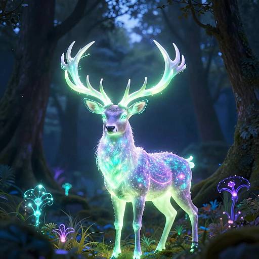 Glowing, bioluminescent deer with radiant antlers stands in a mystical, dark forest illuminated by neon mushrooms and ethereal light. Digital art