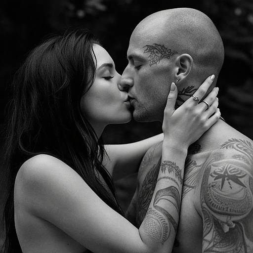 Black-and-white photograph of a tattooed bald man and woman kissing passionately outdoors. The woman has long dark hair, and both are shirtless, with