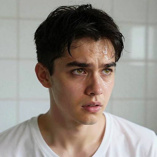 Intense Close-Up of Sweaty Young Man