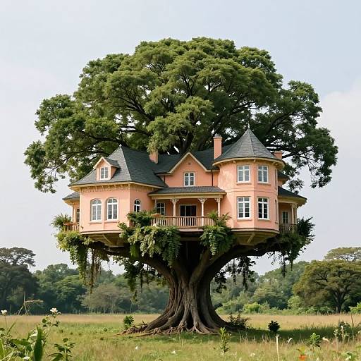 Photograph of a whimsical, peach-colored, fairy-tale house with turrets and a large, lush green tree in a sunlit meadow